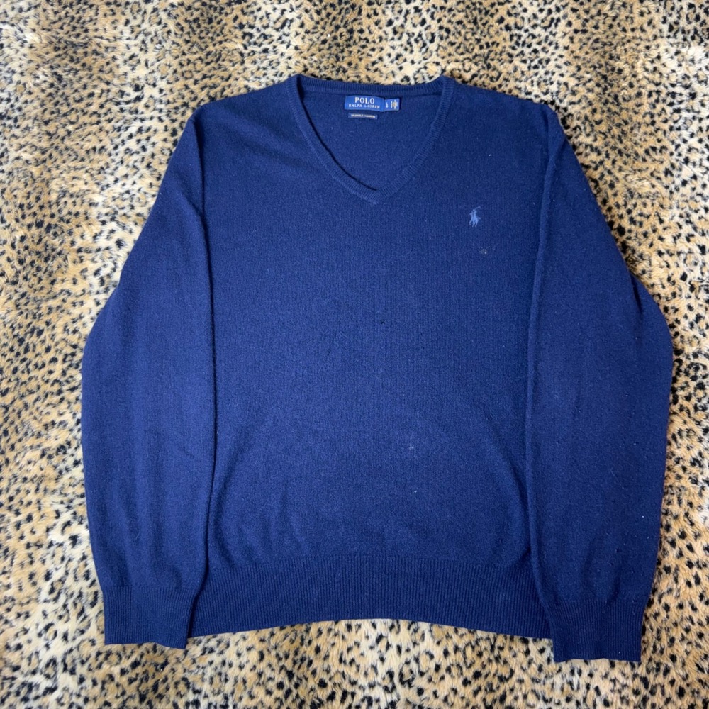 Polo Ralph Lauren Washable Cashmere V-Neck Sweater Mens L Navy Blue Pony Logo